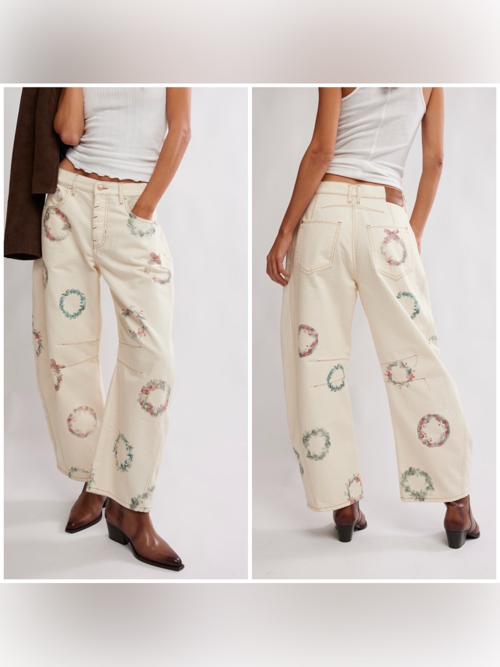 NWT Free People We The Free Good Luck Printed Barrel Jeans Watercolor Cream 28